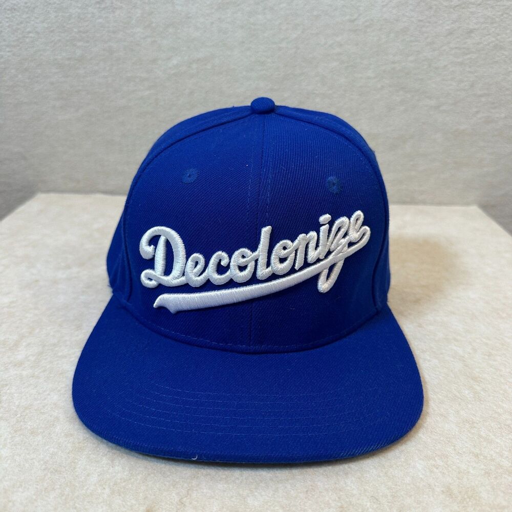 NSRGNTS Decolonize Snapback Hat Royal Blue White Script Native Owned Cap